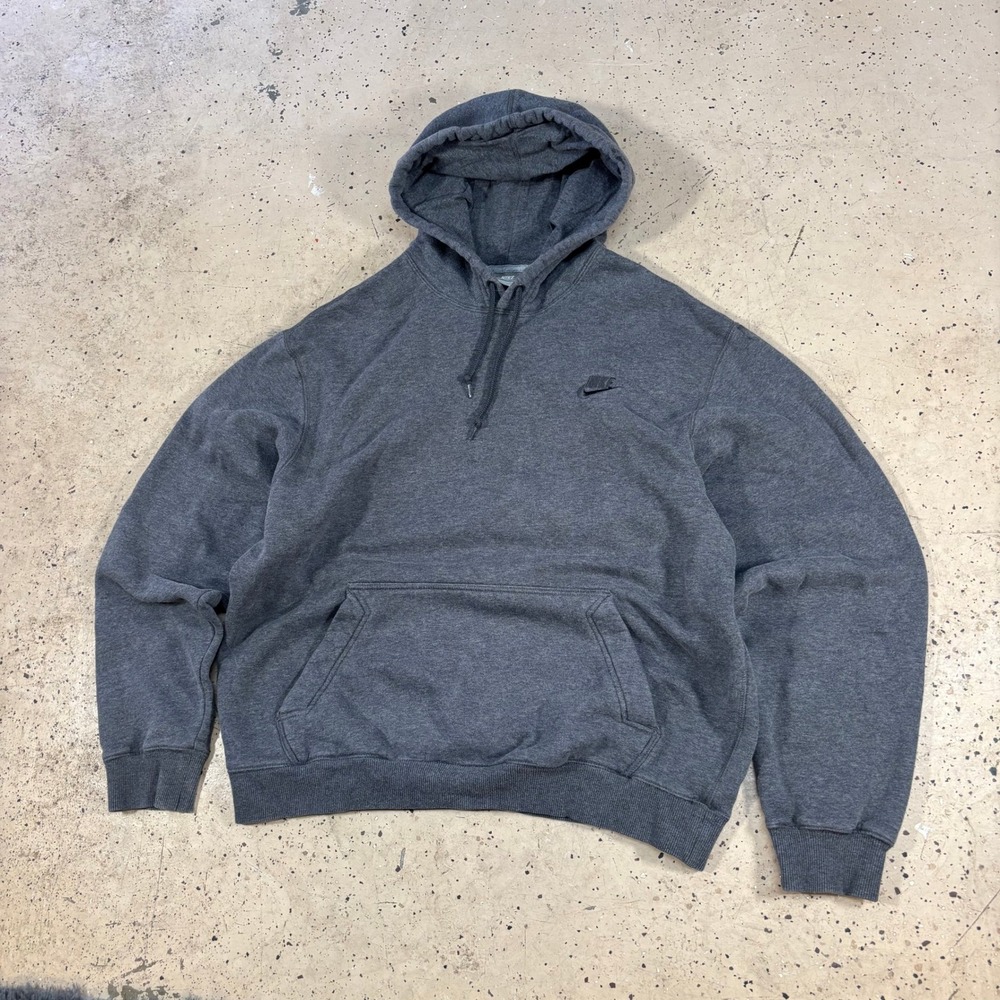 VIntage Y2K Nike Hoodie Charcoal‎ Grey Fleece Pullover Embroidered Logo Size L